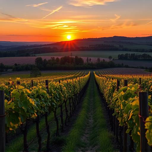 Photo de Location 4: Un vignoble en Bourgogne avec le soleil couchant.