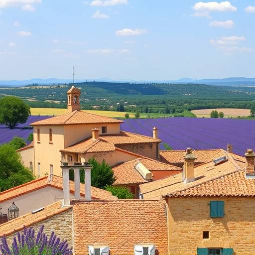 Photo de Location 5 : Vue panoramique sur les toits d'un village provenäal avec des champs de lavande en arrière-plan.